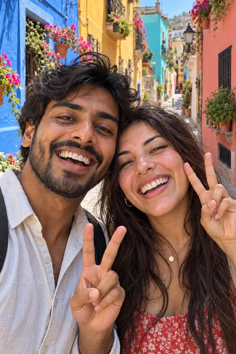 Two friends show peace signs on a street of painted houses