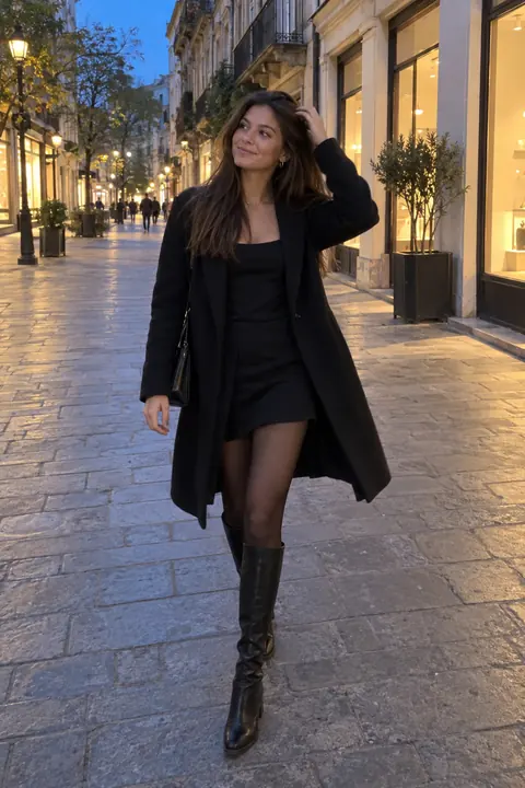 A woman in a long coat steps toward the camera on a city street at dusk